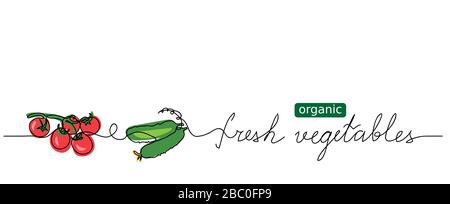 Tomates, concombres illustration vectorielle. Lettrage de légumes frais biologiques. Une mise en plan de ligne continue Illustration de Vecteur
