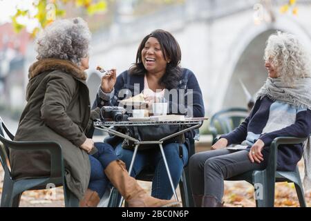 Riant les femmes actives les amis partageant le dessert au café du parc d'automne Banque D'Images