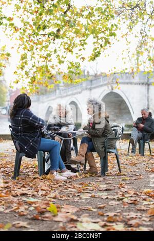 Des femmes actives souriantes et des amis en train de prendre un café au café du parc d'automne Banque D'Images