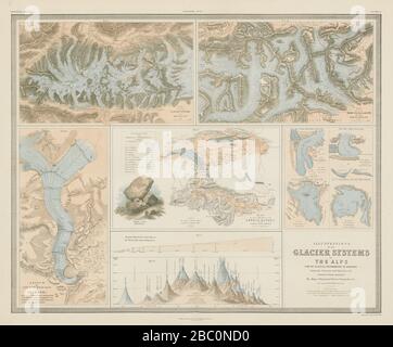 Glacier des Alpes. Mont Blanc. Mer de glace. Oberland bernois 1856 carte Banque D'Images