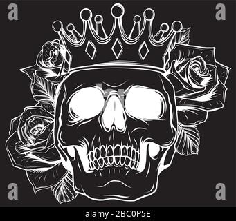 Illustration vectorielle crâne humain de mort dans la couronne avec roses en fond noir Illustration de Vecteur