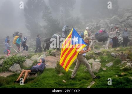 LA TROUBADE OU TROBADA, UNE TRADITION CATALANE, GRIMPANT SUR LA MONTAGNE DE CANIGOU À PIED POUR PLACER UN ENSEMBLE DE POUSSES DE GRAPEVINE AU SOMMET, (66) PYRÉNÉES-ORIENTALES, LANGUEDOC-ROUSSILLON, OCCITANIE, FRANCE Banque D'Images