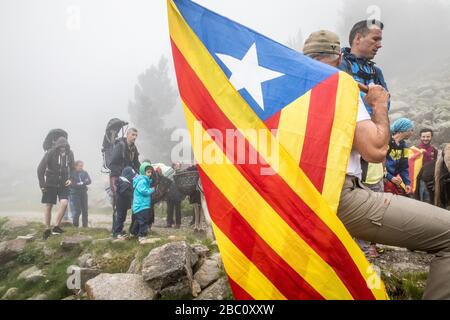 LA TROUBADE OU TROBADA, UNE TRADITION CATALANE, GRIMPANT SUR LA MONTAGNE DE CANIGOU À PIED POUR PLACER UN ENSEMBLE DE POUSSES DE GRAPEVINE AU SOMMET, (66) PYRÉNÉES-ORIENTALES, LANGUEDOC-ROUSSILLON, OCCITANIE, FRANCE Banque D'Images