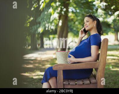 Femme enceinte parlant sur téléphone portable sur banc de parc Banque D'Images