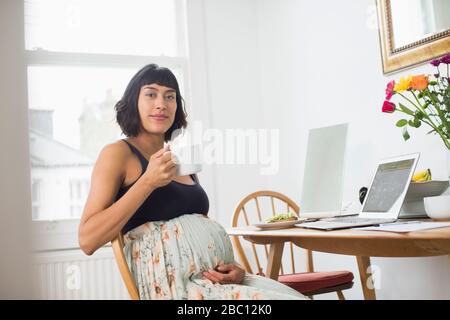 Portrait confiant femme enceinte boire du thé à l'ordinateur portable Banque D'Images