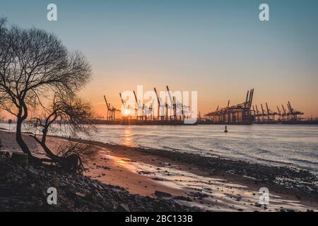 Allemagne, Hambourg, Elbe plage au lever du soleil avec silhouettes de grues portuaires en arrière-plan Banque D'Images