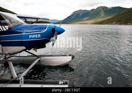 Un avion flottant à deux places et à moteur unique Piper Cub, sur un lac du parc provincial Wilderness du plateau de Spatsizi, dans le nord de la Colombie-Britannique, au Canada. Banque D'Images