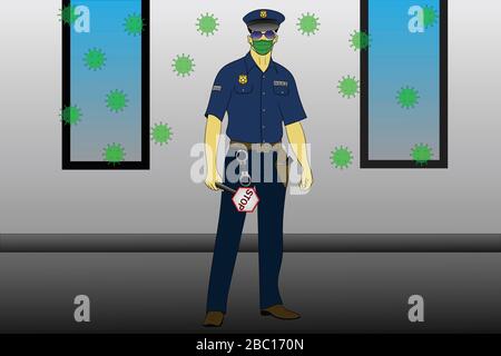 Illustration d'un policier dans la rue tenant un masque médical dans sa main tenant un PANNEAU D'ARRÊT à côté de lui dans l'air d'une couronne bactérienne vir Banque D'Images