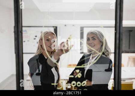 Femme d'affaires mûre et jeune discutant du tableau sur le verre de bureau Banque D'Images
