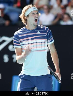 Le joueur de tennis allemand Alexander Zverev célèbre sa victoire lors du tournoi de tennis Open 2020 australien, Melbourne Park, Melbourne, Victoria, Aust Banque D'Images