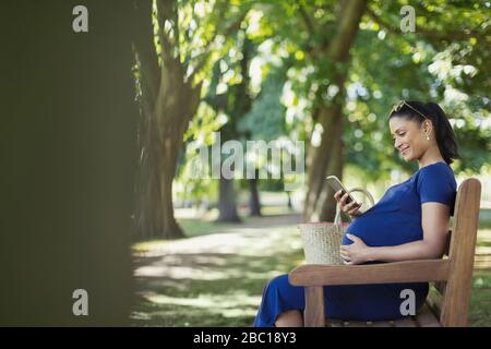 Femme enceinte souriante textant avec téléphone portable sur le banc du parc Banque D'Images