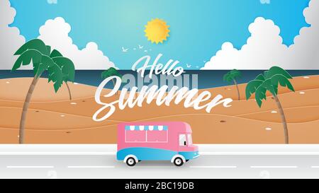 Affiche de voyage d'été ou bannière avec van sur la route à côté de la plage dans le style de coupe de papier. Promotion touristique. Illustration de Vecteur