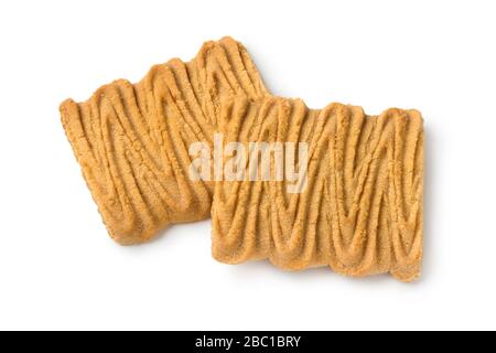Deux biscuits au beurre néerlandais traditionnels appelés sprits isolés sur fond blanc Banque D'Images