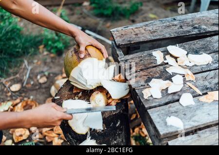 Vue sur la culture du jeune homme ouvrant la noix de coco, île Bornéo, Malaisie Banque D'Images