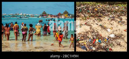 01-07-2019. Île de San Andrés, Colombie. Foule de touristes à cayo Acuario et les conséquences directes sur une plage à un quart de mile Banque D'Images