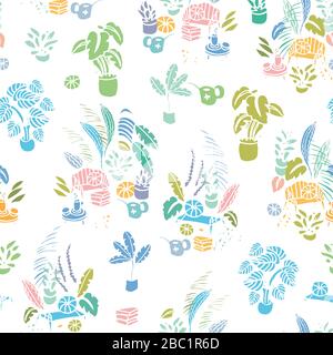 Motif plante de style de vie confortable et motif fleuri moderne dans des tons pastel. Un modèle de plante tropicale simple et heureuse. Motif de répétition de surface. Illustration de Vecteur
