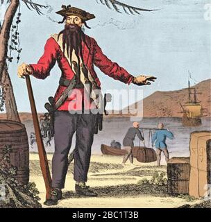 BLACKBEARD - Edward Teach (c 1680-1718) pirate anglais. Version colorée de la gravure c 1736. Banque D'Images