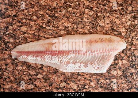 Filet de poisson frais brut de perchaude de brochet sur une table en marbre brun foncé. Vue de dessus Banque D'Images