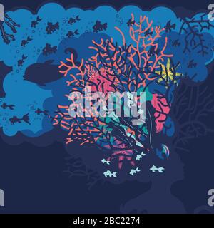 Scène sous-marine avec des poissons et coraux dans la tête, silhouette. Illustration de Vecteur