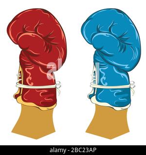 Gants de boxe bleu et rouge de style rétro, illustration sur le thème du sport. Illustration de Vecteur