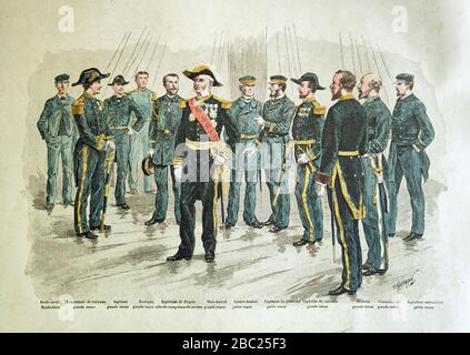 Illustration illustrant les différents uniformes de la marine française à la fin du XIXe siècle par P. Kauffmann. Banque D'Images