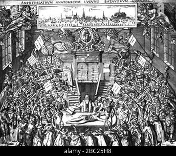 Gravure-théâtre-anatomique-Leyde. Banque D'Images