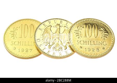 Autrichien 100 pièces d'or Schilling isolées sur fond blanc Banque D'Images