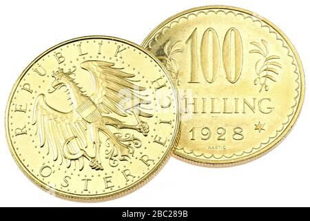 Autrichien 100 pièces d'or Schilling isolées sur fond blanc Banque D'Images