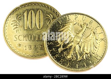 Autrichien 100 pièces d'or Schilling isolées sur fond blanc Banque D'Images