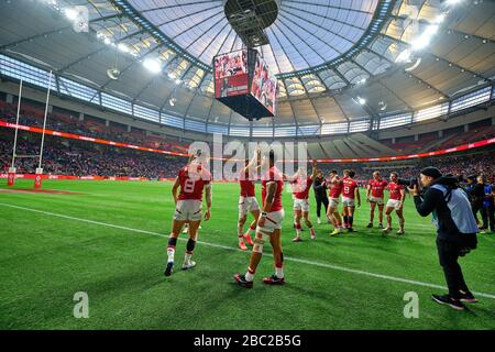 Vancouver, Canada. 8 mars 2020. Le Canada célèbre après avoir vaincu l'Afrique du Sud pour gagner le bronze au cours du deuxième jour - 2020 HSBC World Rugby Sevens Series à l'adresse Banque D'Images