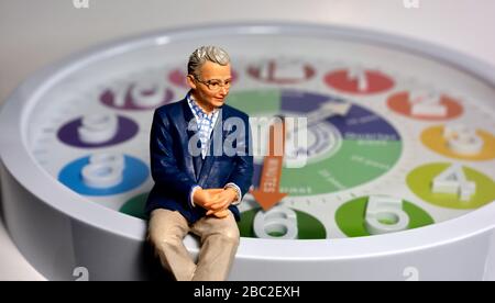 Figurine miniature mâle retraité de la vieillesse, assise sur un cadran d'horloge Banque D'Images