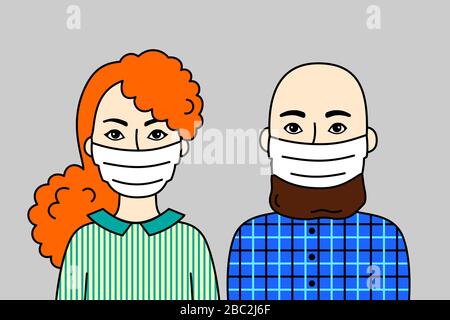 Une paire de personnes portant des masques de visage, un homme avec une barbe brune et une femme avec des cheveux rouges. Deux jeunes adultes, des respirateurs pour prévenir la maladie, la grippe, la pollution Illustration de Vecteur