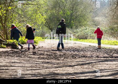 Mère et 3 enfants trois filles enfants marchent / marchent le long du sentier boueux / dans la boue sur le sentier de passerelle chemin de pied sentier. West End Common, près d'Esher, Surrey. ROYAUME-UNI (116) Banque D'Images