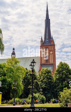 Szczecin, Pologne, juin 2018 les personnes se détendant dans le parc devant la basilique de la cathédrale Saint-Jacques l'Apôtre du XIV siècle, Stettin Banque D'Images