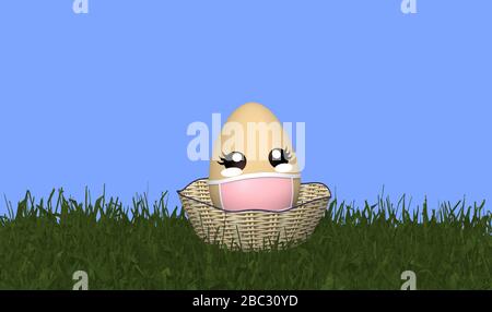 Joli œuf de Pâques Kawaii avec masque facial et dans un panier de Pâques. rendu tridimensionnel Banque D'Images