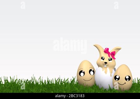 Joli lapin de Pâques Kawaii dans une coquille d'oeuf et des œufs de Pâques drôle avec des visages dans le rendu de l'herbe verte tridimensionnelle Banque D'Images
