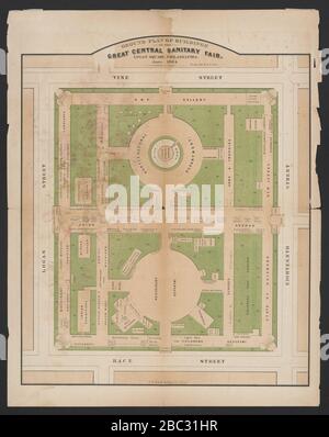 Plan de terrain des bâtiments de la grande foire sanitaire centrale, Logan Square, Philadelphie, juin 1864 Banque D'Images