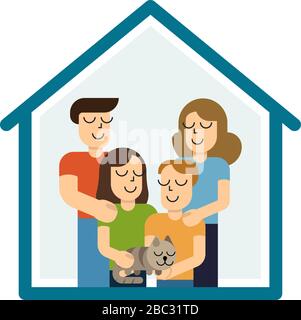 Concept de logement d'une jeune famille. Mère, père, fils, fille et chat dans une nouvelle maison avec un toit. Illustrations vectorielles de style simple. Illustration de Vecteur