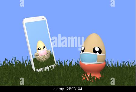 L'œuf de Pâques Kawaii mignon avec masque facial a un chat vidéo avec sa petite amie. rendu tridimensionnel Banque D'Images