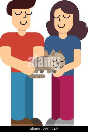 Homme et femme tenant le chat domestique. Couple avec chat dans un style plat simple. Illustration vectorielle isolée sur fond blanc. Illustration de Vecteur