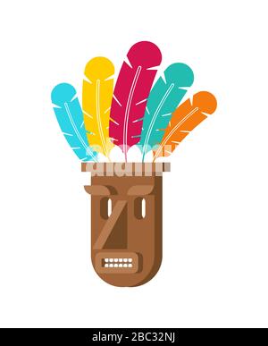 Masque totem isolé. tribal idole dieu. Masque en bois avec plumes colorées. Illustration vectorielle Illustration de Vecteur