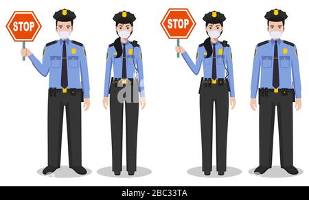 Police Etats-Unis et concept de quarantaine. Couple de policiers et de policiers américains en uniformes traditionnels et masques de protection debout ensemble Illustration de Vecteur