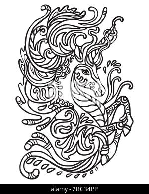 Vecteur zentangle doodle coloriage antistress avec eau unicorn isolé sur fond blanc. Illustration pour décorer le tee-shirt, la papeterie, adulte an Illustration de Vecteur