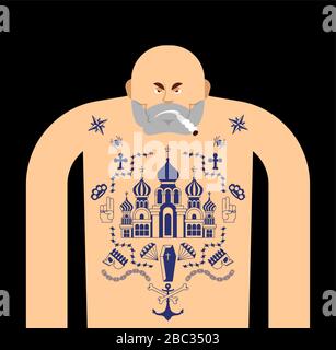 Prisonnier russe avec tatouage. Le criminel russe mafia tatouage. Église et crâne. Croix et chaîne. Fil barbelé et couronne. Voleur étoiles. Illustration de Vecteur