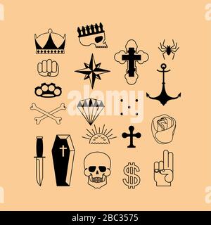 Tattoo russe de prison. Symbole criminel russe. Crâne, croix et chaîne. Fil barbelé et couronne. Voleur étoiles. Signe prisonnier mafia tatouage. Illustration de Vecteur