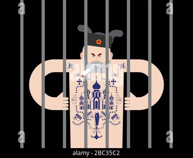 Prisonnier russe avec tatouage. Le criminel russe mafia tatouage. Église et crâne. Croix et chaîne. Fil barbelé et couronne. Voleur étoiles. Illustration de Vecteur