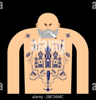 Prisonnier russe avec tatouage. Le criminel russe mafia tatouage. Église et crâne. Croix et chaîne. Fil barbelé et couronne. Voleur étoiles. Illustration de Vecteur