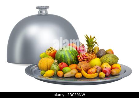 Différents fruits mis sur le cloche du restaurant, rendu tridimensionnel isolé sur fond blanc Banque D'Images