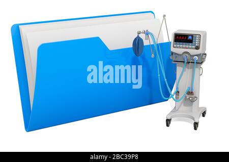 Icône de dossier d'ordinateur avec ventilateur médical ICU. Rendu 3D isolé sur fond blanc Banque D'Images
