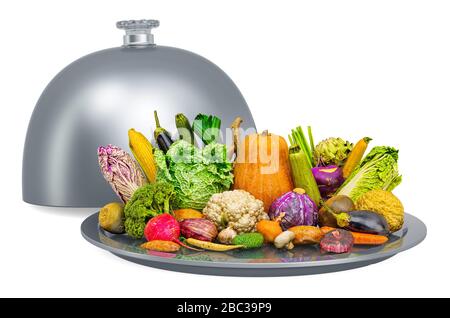 Différents légumes sur le cloche du restaurant, rendu tridimensionnel isolé sur fond blanc Banque D'Images